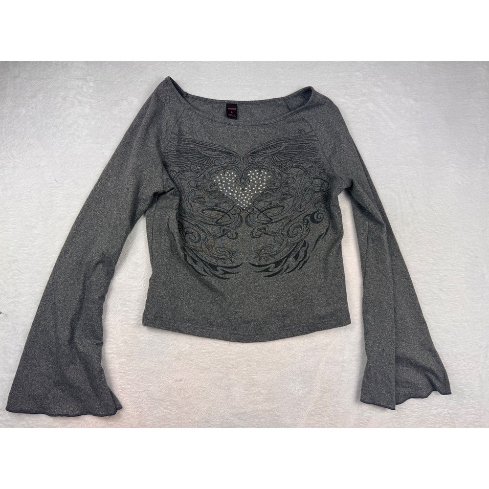 Romwe Gray Rhinestone Winged Heart Graphic Bell Sleeve Top Y2K Goth Large